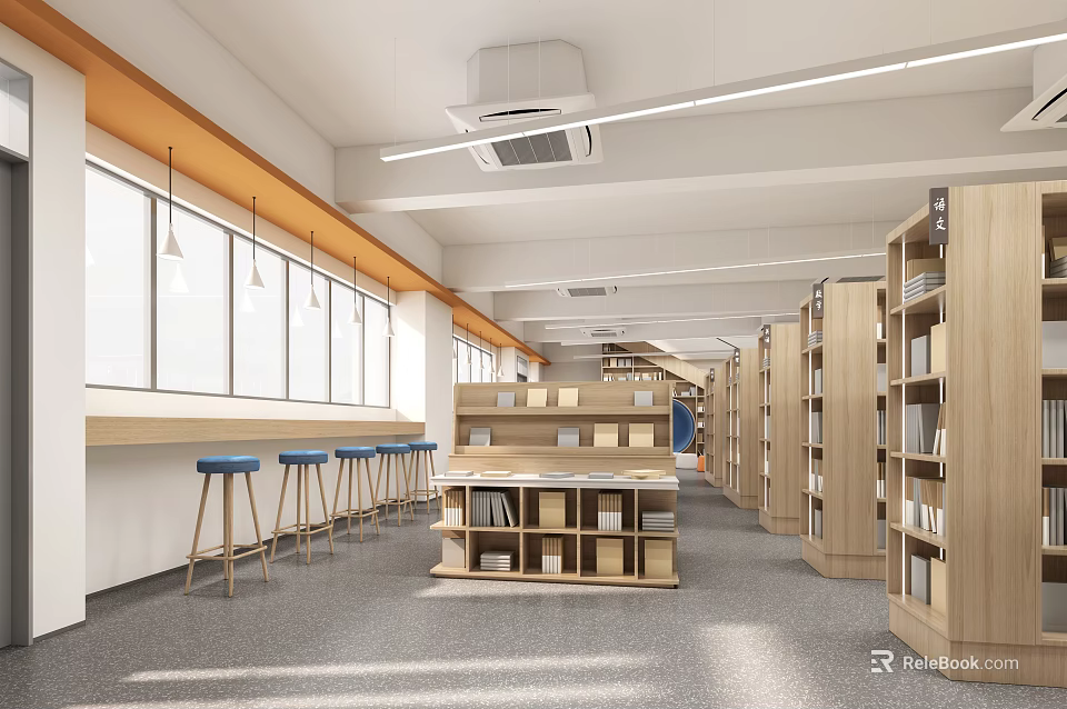 Book Art Themed Library Space With Wooden Bookshelves And Creative Book Displays 3d model 