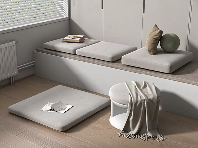 Cozy Room Interior With Window Bench Cushions Round Stool Blanket And Decorative Items 3d model