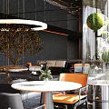 Modern Banquet Hall Interior Design With Black Orange Decor Large Chandeliers Floor To Ceiling Windows