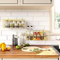 Modern Metal Wall Mounted Storage Baskets for Organizing Spices in Kitchen with White Tiles