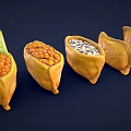 Five Yellow Pod Containers Filled With Various Beans And Green Leaf On Left