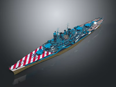 Blue Battleship Featuring Red and White Striped Hull and Multiple Main Turrets 3d model