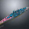 Blue Battleship Featuring Red and White Striped Hull and Multiple Main Turrets 3d model