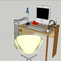 Wooden Office Desk With Computer Monitor Keyboard Mouse Lamp And White Chair