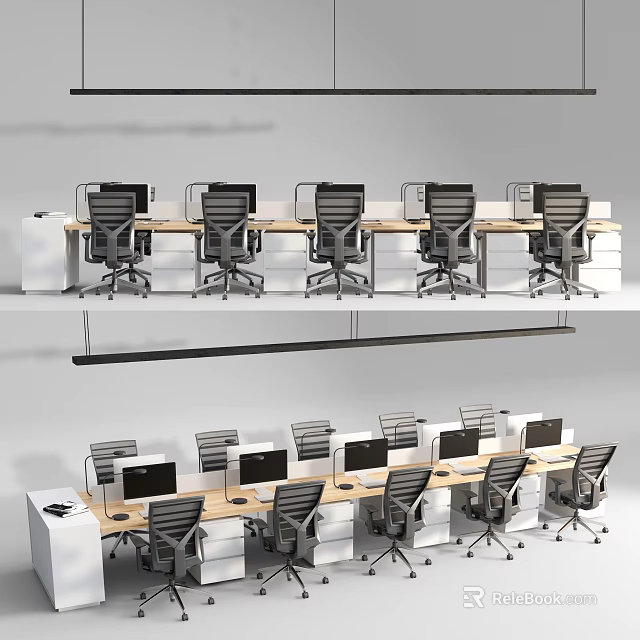 Modern Office Interior with Arranged Desks Ergonomic Chairs and Computers 3d model 