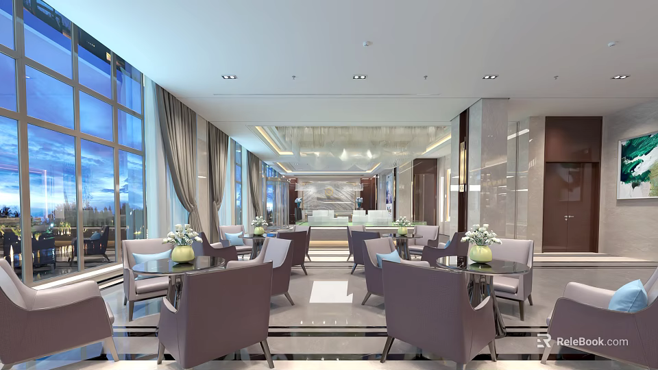 Modern Sales Office Interior With Large Windows Chandelier And Comfortable Sofas 3d model