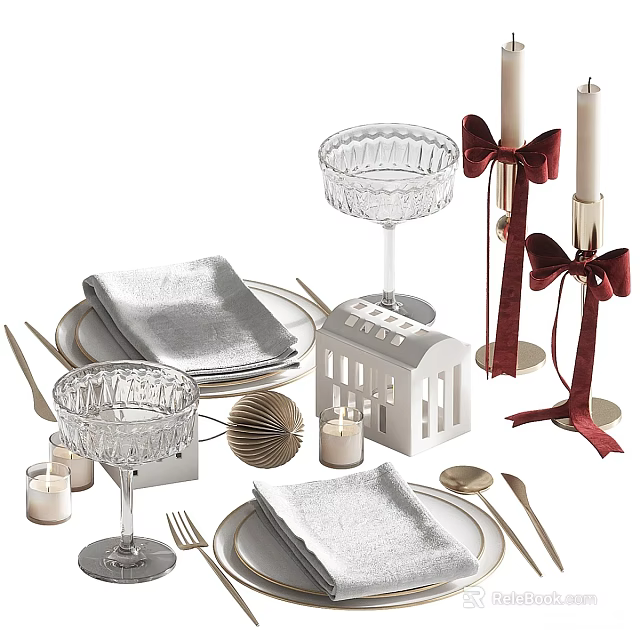 Elegant Decorative Ornament Set With Glass Goblets Metallic Plates Napkins And Red Bow Candle Holders 3d model 