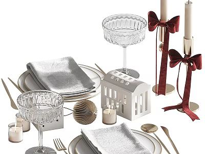 Elegant Decorative Ornament Set With Glass Goblets Metallic Plates Napkins And Red Bow Candle Holders 3d model