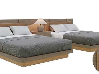 Twin Double Beds With Wooden Headboard Gray Bedspread White Pillows And Nightstand Table Lamp 3d model