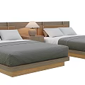 Twin Double Beds With Wooden Headboard Gray Bedspread White Pillows And Nightstand Table Lamp