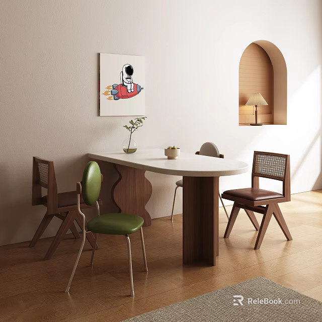 Modern Dining Table Set With White Tabletop Wooden Legs And Multi Colored Chairs 3d model