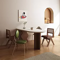 Modern Dining Table Set With White Tabletop Wooden Legs And Multi Colored Chairs 3d model