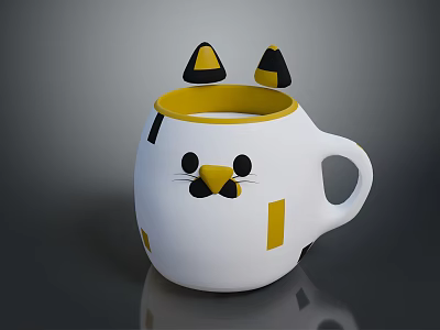 Cute White Mug With Cat Face Design And Yellow Black Accents For Home Use 3d model
