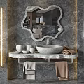 Modern Bathroom Vanities With Marble Countertops Irregular Shaped Mirrors And Toiletries