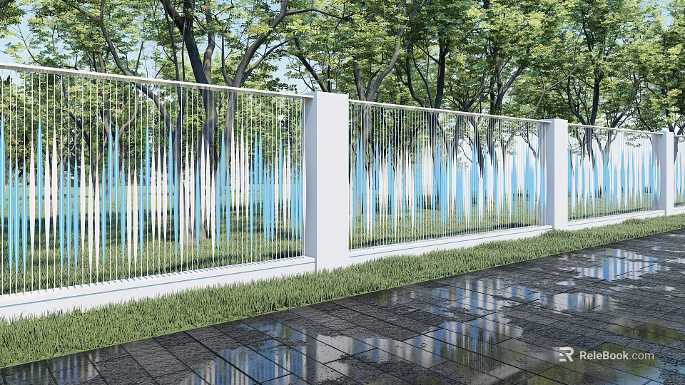 Modern Building Exterior Wall Design With White Columns Metal Railings Green Trees And Lush Grass 3d model 