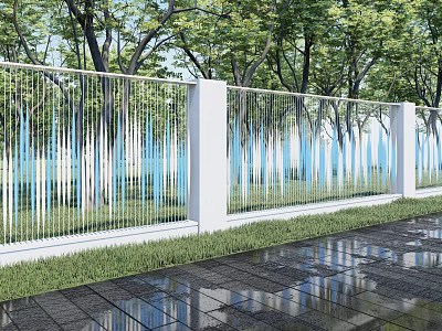 Modern Building Exterior Wall Design With White Columns Metal Railings Green Trees And Lush Grass 3d model