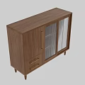 Modern Minimalist Wooden Sideboard With Glass Doors Vertical Grilles And Two Drawers Metal Handles