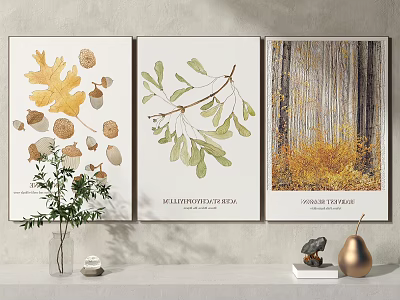 Decorative Botanical Paintings with Autumn Leaves Acorns Oak Branches and Golden Forest 3d model