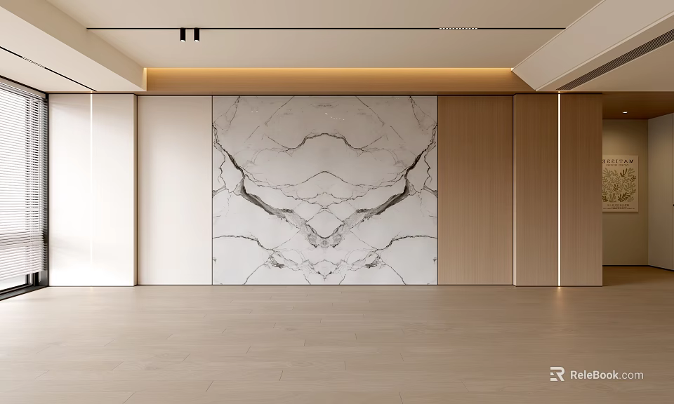 Modern Minimalist Living Room With Marble Feature Wall Wooden Elements And Light Colored Flooring 3d model 