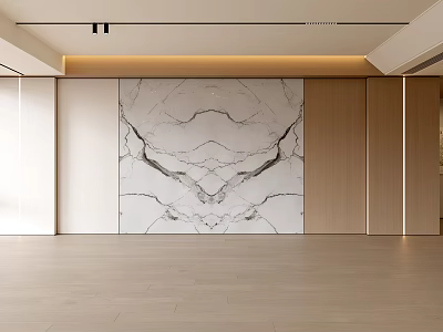 Modern Minimalist Living Room With Marble Feature Wall Wooden Elements And Light Colored Flooring 3d model
