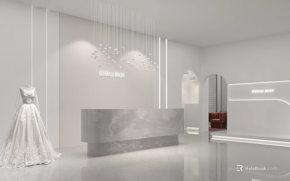 Modern Wedding Dress Shop Interior With Marble Reception And Chandeliers 3d model 