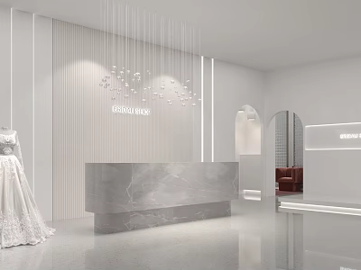 Modern Wedding Dress Shop Interior With Marble Reception And Chandeliers 3d model