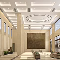 Elegant Spacious Hotel Lobby Interior With Ceiling Design Large Windows And Artwork
