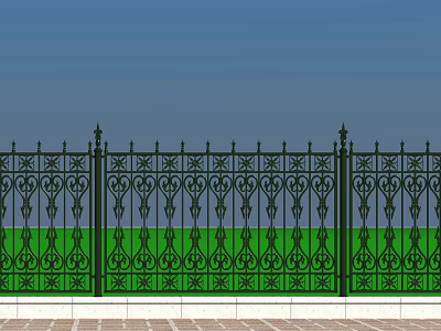 Black Wrought Iron Fence with Intricate Patterns and Spiked Tops Green Grass and Brick Ground 3d model
