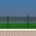 Black Wrought Iron Fence with Intricate Patterns and Spiked Tops Green Grass and Brick Ground