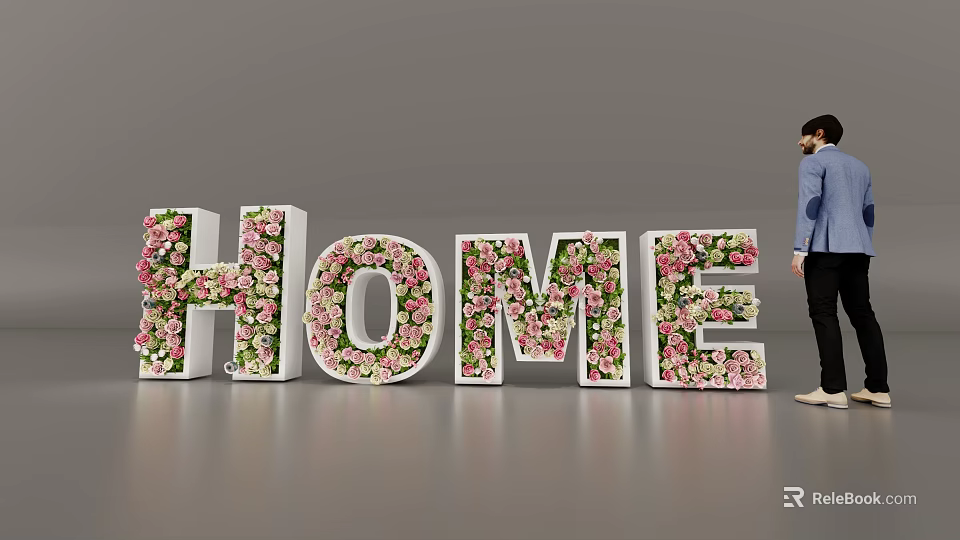 3D HOME Letters Decorated With Floral Arrangements And Standing Person In Modern Setup 3d model 