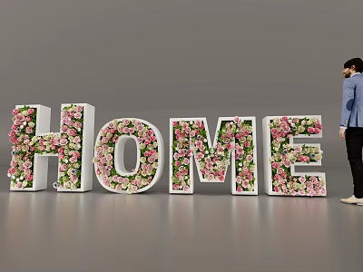 3D HOME Letters Decorated With Floral Arrangements And Standing Person In Modern Setup 3d model