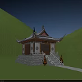 Ancient Chinese Architecture Featuring Traditional Upturned Eaves Roof Stone Steps Stone Lions In Green Hills