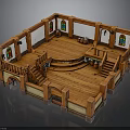 Medieval Style Indoor Scene With Wooden Floor Stained Glass Windows And Staircases