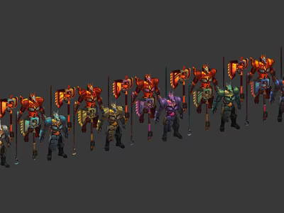 Game And Movie Characters With Colorful Armor And Weapon Designs Standing In Line 3d model