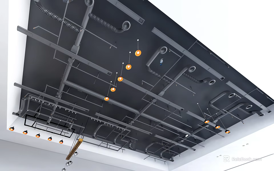 Industrial Ceiling Design With Metal Frames Hanging Orange Lights And Exposed Pipes 3d model 