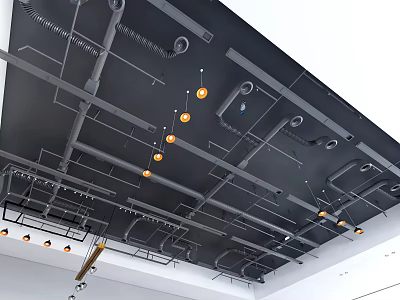 Industrial Ceiling Design With Metal Frames Hanging Orange Lights And Exposed Pipes 3d model