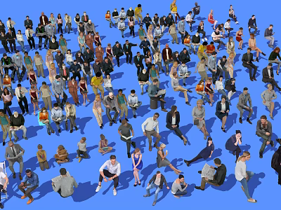 Many People Standing And Sitting In Crowd With Blue Background And Various Poses 3d model