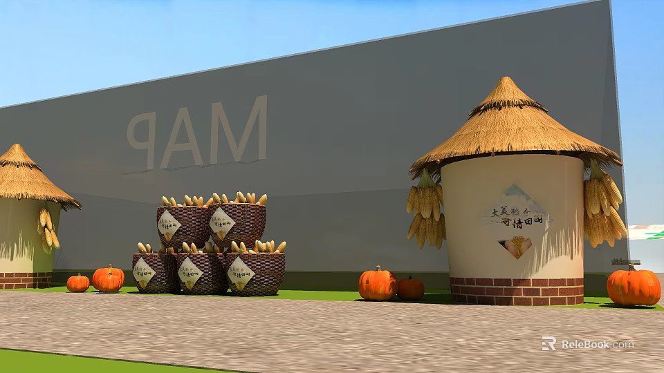 Rustic Farm Display With Thatched Roof Building Corn Baskets And Pumpkins By PAM Wall 3d model 