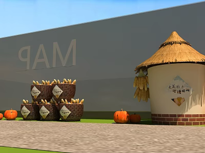 Rustic Farm Display With Thatched Roof Building Corn Baskets And Pumpkins By PAM Wall 3d model