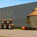 Rustic Farm Display With Thatched Roof Building Corn Baskets And Pumpkins By PAM Wall