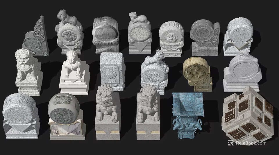 Various Styles of Stone and Wood Carvings with Lion Figures and Decorative Details 3d model 