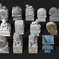 Various Styles of Stone and Wood Carvings with Lion Figures and Decorative Details