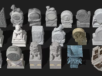 Various Styles of Stone and Wood Carvings with Lion Figures and Decorative Details 3d model