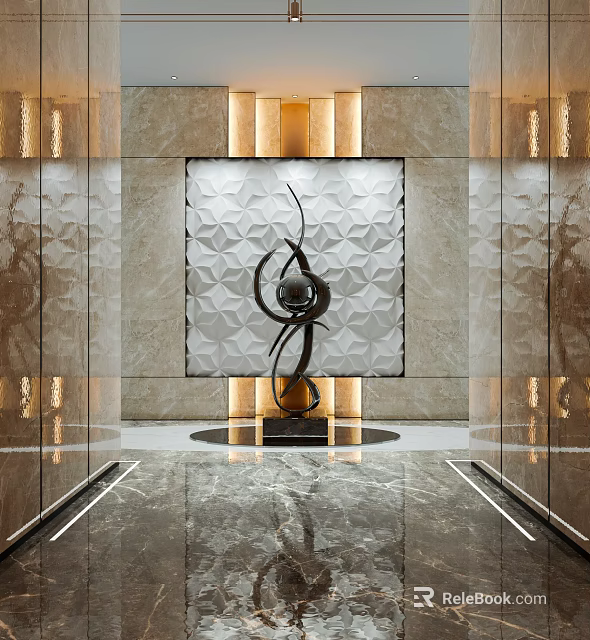 Luxurious Elevator Lobby With Geometric Textured Walls Metal Sculpture And Ambient Lighting 3d model 