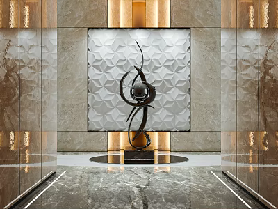 Luxurious Elevator Lobby With Geometric Textured Walls Metal Sculpture And Ambient Lighting 3d model