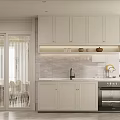Contemporary White Kitchen Interior With Glass Front Upper Cabinets Stainless Steel Refrigerator And Built In Oven