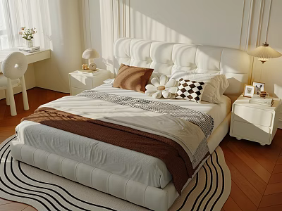 Double Bed With White Tufted Headboard Brown Blanket Checkered Pillow And Sunlit Cozy Bedroom 3d model