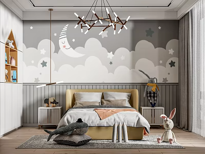 Kids Room Interior Design With Moon Stars Clouds Wallpaper Chandelier Bed And Stuffed Toys 3d model