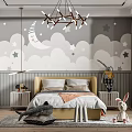 Kids Room Interior Design With Moon Stars Clouds Wallpaper Chandelier Bed And Stuffed Toys