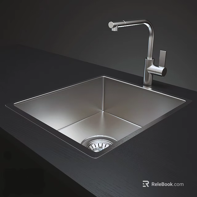 Modern Stainless Steel Kitchen Sink with Faucet and Dark Countertop Design 3d model 